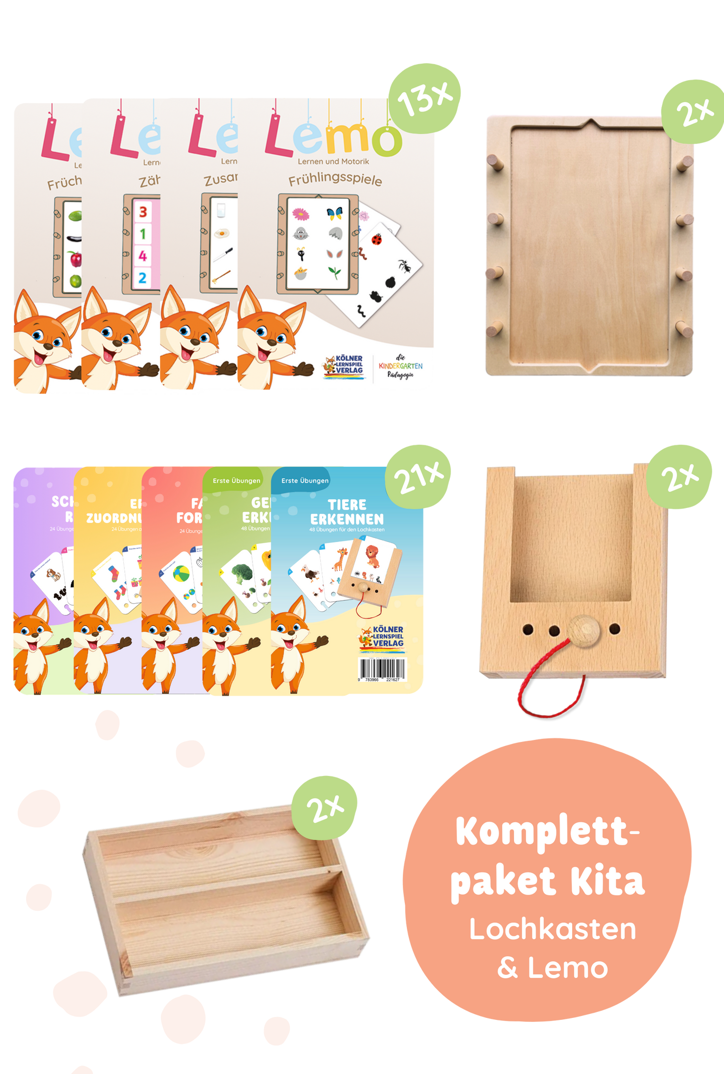 Kita Komplettpaket Lochkasten & Lemo: 2*Grundgeräte & Aufbewahrung inkl. aller Kita Kartensätze für Lochkasten & Lemo