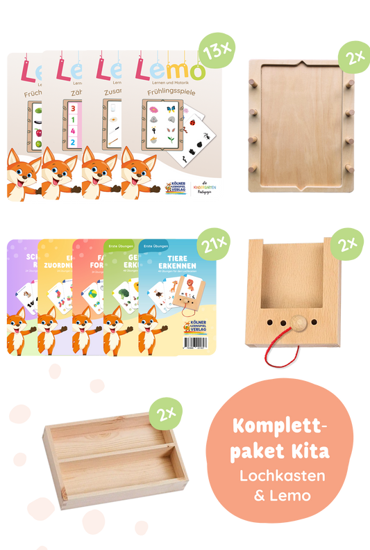 Kita Komplettpaket Lochkasten & Lemo: 2*Grundgeräte & Aufbewahrung inkl. aller Kita Kartensätze für Lochkasten & Lemo